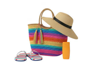 Colorful beach bag with sun hat flip flops and sunscreen ready for vacation transparent background