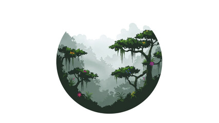 Advanced Tropical Rainforest Illustration: Lush Green Canopy, Vibrant Flowers, Misty Jungle Landscape, Hanging Vines, and Dense Vegetation Circle Design