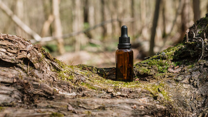 Obraz premium A dark and light glass serum bottle with a dropper, tree bark wood, moss. forest on a sunny day nature background. Concept of skin care, hydration, cosmetic demonstration eco-friendly product mock up