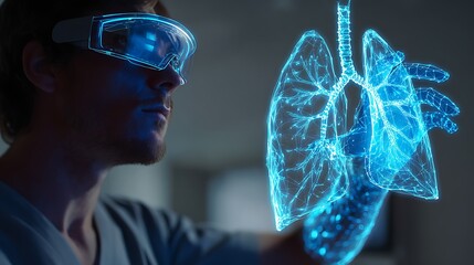 Male Medical Professional Using Virtual Reality Glasses Interacting with Digital Lung Model in Modern Healthcare Environment