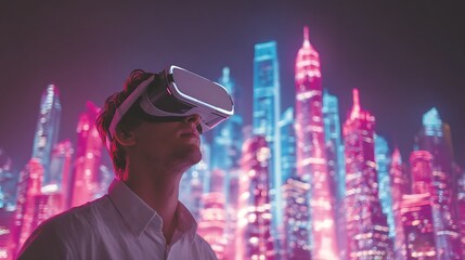 Young Man Wearing Virtual Reality Headset in Futuristic Cityscape with Neon Lights
