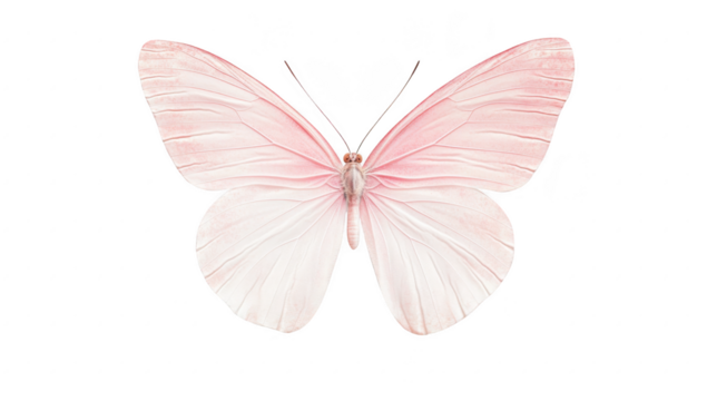 A delicate pink butterfly gracefully spreads its wings against a clean white background. symbolizing beauty and transformation. ideal for nature-themed projects and artistic expressions