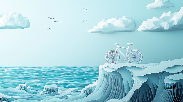 paper cut landscape illustration of a bicycle parked on a dramatic cliff edge overlooking the ocean, representing a journey of freedom