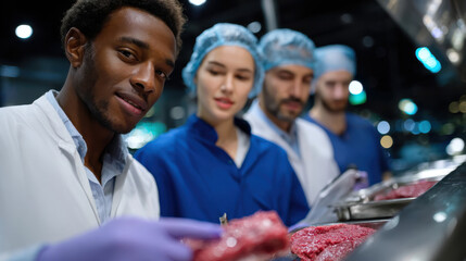 A diverse team of scientists collaborates in a high-tech laboratory, working diligently to ensure the safety and quality of meat products through rigorous research and analysis.