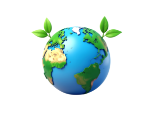 3D earth globe with leaves icon isolated on transparent background. Realistic eco-friendly and sustainability symbol, perfect for environment, ecology, green energy, nature, conservation.