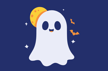 Cute Happy Ghost with Moon and Bats – Halloween Cartoon Illustration