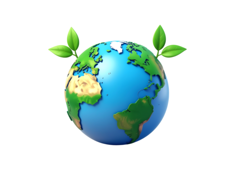 3D earth globe with leaves icon isolated on transparent background. Realistic eco-friendly and sustainability symbol, perfect for environment, ecology, green energy, nature, conservation.
