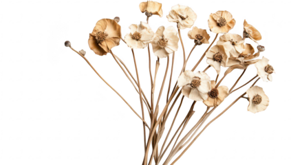 A beautiful arrangement of dried flowers with delicate beige petals and slender stems. set against a clean white background. ideal for home decor or floral design inspiration