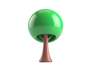 3D cartoon tree icon isolated on transparent background. Cute and playful nature symbol, perfect for environment, ecology, forest, game design, animation, children’s illustration.