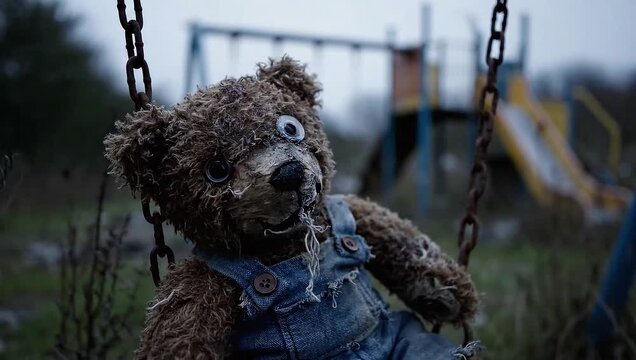 abandoned teddy bear on old playground swing set