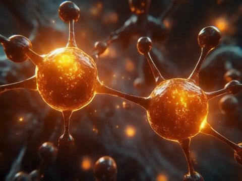 HNO3 molecules reacting with organic compounds, visualized with glowing energy transfer