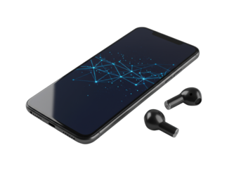 Sleek matte black smartphone, vibrant oled display with abstract graphic, next to matching earbud, transparent studio background. Concept of high-tech minimalism