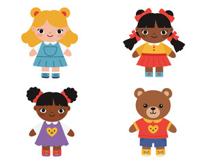 Four adorable diverse cartoon characters including two young girls and a friendly teddy bear on a white background