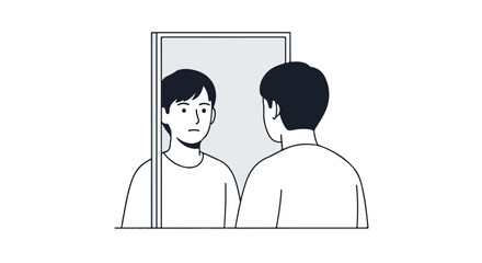 Drawn reflection: A man confronts himself in a mirror with an introspective stare, showcasing self-awareness and contemplation in a simple line