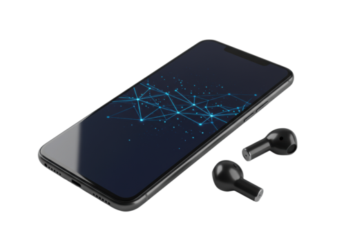 Sleek matte black smartphone, vibrant oled display with abstract graphic, next to matching earbud, transparent studio background. Concept of high-tech minimalism