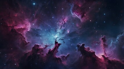 Fototapeta premium Epic 4K wallpaper of a glowing nebula landscape in deep space, vibrant purple, blue, and pink hues, dramatik star clusters, high-resolution cinematic style,Generative Ai 