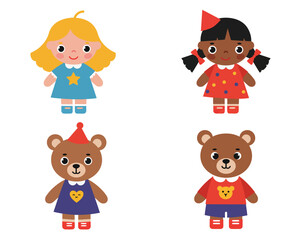 Four adorable cartoon characters including two little girls and two cute teddy bears dressed in colorful outfits and party hats