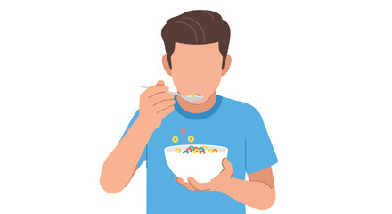 Person enjoying a colorful bowl of cereal, embodying a simple breakfast routine and cheerful morning mood, illustrated with a clean design style