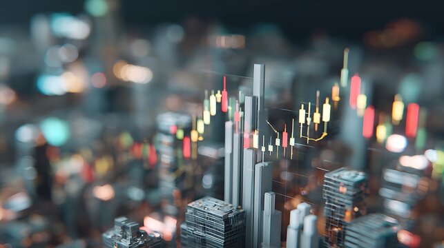 Futuristic Digital Stock Market Chart with Data Visualizations and Cityscape Background