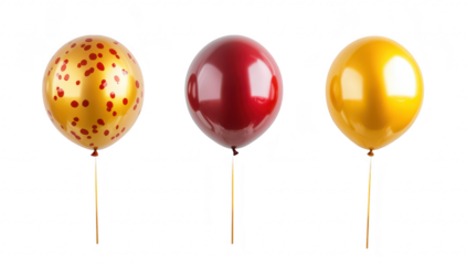 A arrangement of three colorful balloons. including a gold balloon with red polka dots. a solid red balloon. and a bright yellow balloon. set against a clean white background. perfect for festive cele