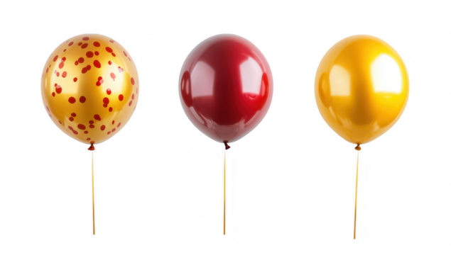 A arrangement of three colorful balloons. including a gold balloon with red polka dots. a solid red balloon. and a bright yellow balloon. set against a clean white background. perfect for festive cele - Powered by Adobe