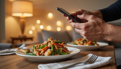 Man photographing dinner with smartphone in cozy dining room