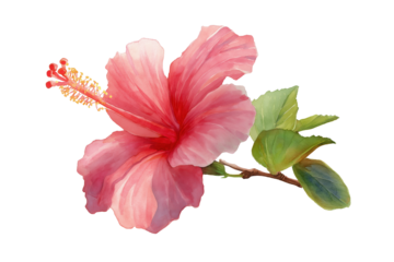Pink Hibiscus Flower on Branch Hand Drawn Watercolor Isolated Botanical Illustration