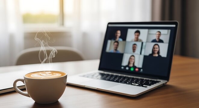 Laptop showing a video conference with colleagues on a wooden desk with a cup of coffee, representing remote work and online communication in a bright setting