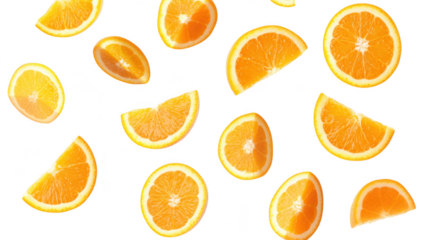 Freshly sliced orange segments scattered artistically on a white background. colors and textures. ideal for food photography or health-related content