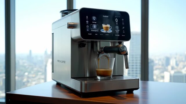 Modern Espresso Machine Brewing Excellence with City View Backdrop