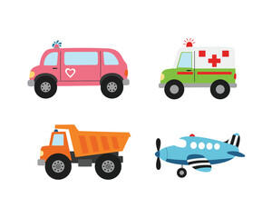 Collection of four colorful cartoon vehicles including a pink car an ambulance a dump truck and a blue airplane isolated on white background