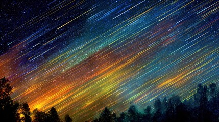 comet. Double-exposure night sky with intersecting vibrant meteor trails, representing celestial events. STEM education sheets.