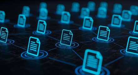 Connected Blue Document Icons on Dark Background Network