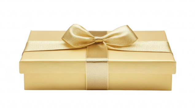A beautifully wrapped golden gift box with a satin ribbon. symbolizing celebration and generosity. set against a clean white background. perfect for holiday or special occasion themes