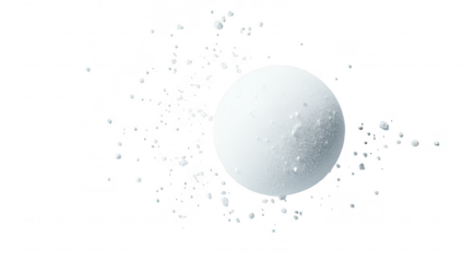 A pristine white sphere surrounded by scattered particles on a smooth surface. creating a minimalist aesthetic that emphasizes purity and simplicity. ideal for abstract or modern design concepts