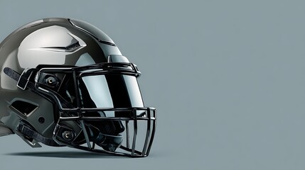 Modern Black Football Helmet with Reflective Visor on Gray Background