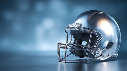 Silver Football Helmet with Faceguard on Reflective Surface in Stadium Setting
