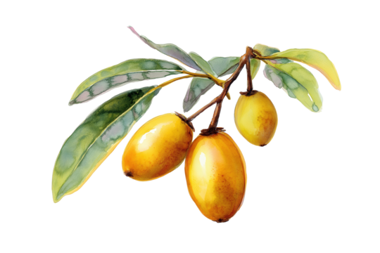 Medlar Fruit Branch Hand Drawn Watercolor Illustration