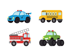 Four cartoon vehicles including a police car school bus fire truck and monster truck on a white background © mhk365