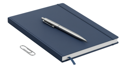 Dark blue debossed notebook, blank pages, high-end silver pen diagonally, gleaming paperclip on transparent, high-key studio light, minimalist luxury product concept