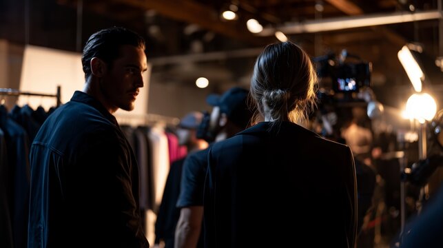 Fashion models prepare for a photoshoot in a trendy studio setting at night