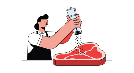 Illustration of a woman peppering a steak, emphasizing cooking, food preparation, and culinary arts, suitable for recipe sites or culinary content
