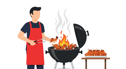 Man grilling chicken on a barbecue, preparing a summer feast with flames and smoke, illustrating outdoor cooking passion and culinary delight in