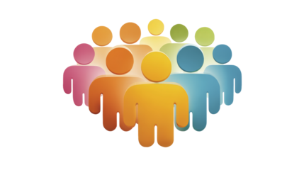 Colorful graphic of abstract people connected in a row, symbolizing unity, diversity, and community in a simple, modern design.