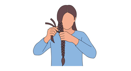 Illustration of a woman braiding her hair, focusing on hairstyle and self-care concept depiction of beauty routine and daily self-grooming activity