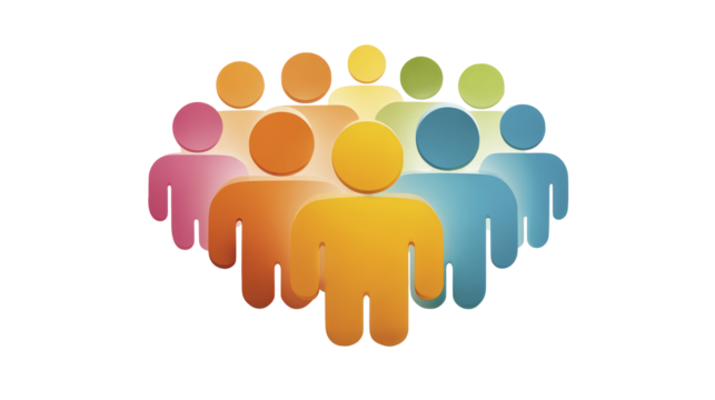 Colorful graphic of abstract people connected in a row, symbolizing unity, diversity, and community in a simple, modern design.