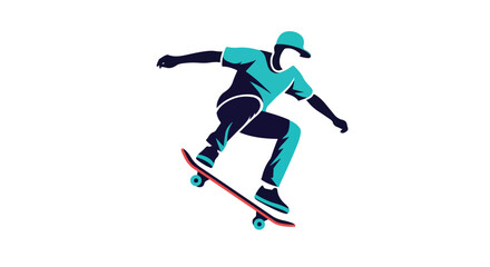 Dynamic skater illustration featuring a rider performing a trick in teal and navy color palette creating a sense of movement and energy