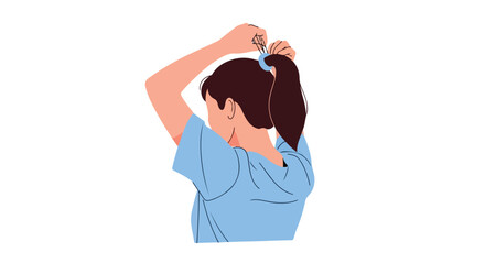 A minimalistic illustration showcasing a woman styling her hair into a ponytail with a hair tie back view on a clean white backdrop