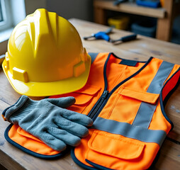 Safety vest, helmet and glove on wooden table in construction site