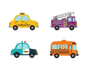 Collection of four colorful cartoon vehicles including a yellow taxi purple fire truck blue police car and orange school bus on a white background